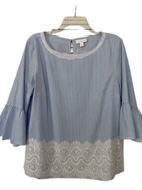 Charter Club Blue and White Striped Blouse with Lace Detail Size Large